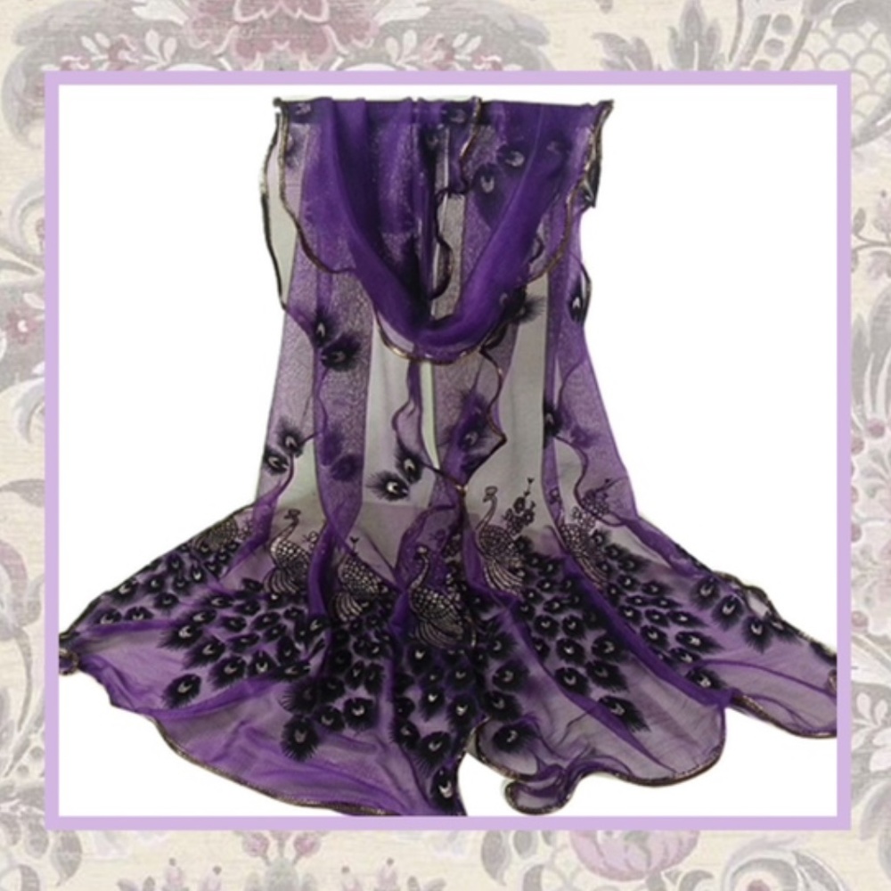 🌸 PURPLE PEACOCK EMBROIDERED SCARF LONG BOHO CHIC SHEER MULTIPURPOSE WRAP BIRD